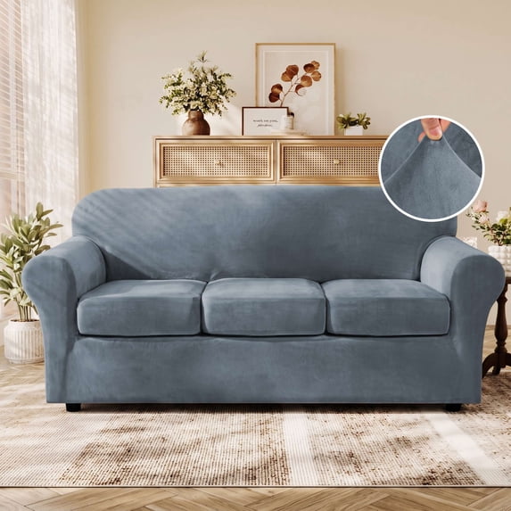 H.VERSAILTEX Plush Velvet 4-Piece Sofa Slipcover, Stretch Elastic Furniture Protector, Fits 98–105 Inch Extra Large 3-Cushion Couch, Stone Blue