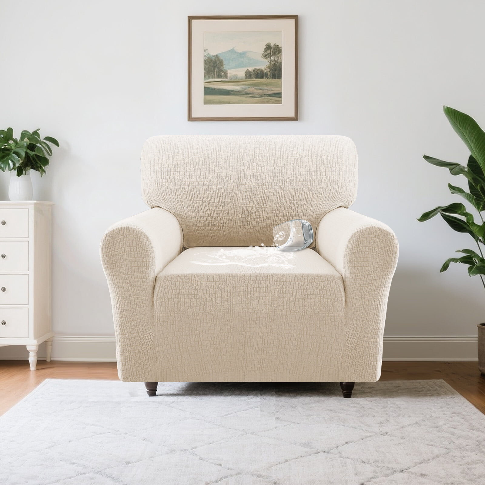 H.VERSAILTEX Premium Jacquard Stretch Sofa Cover with Waterproof Seat & Elastic Bottom Protection for Kids,Pets 1-Piece Furniture Protector Slipcover(Armchair,Ivory)