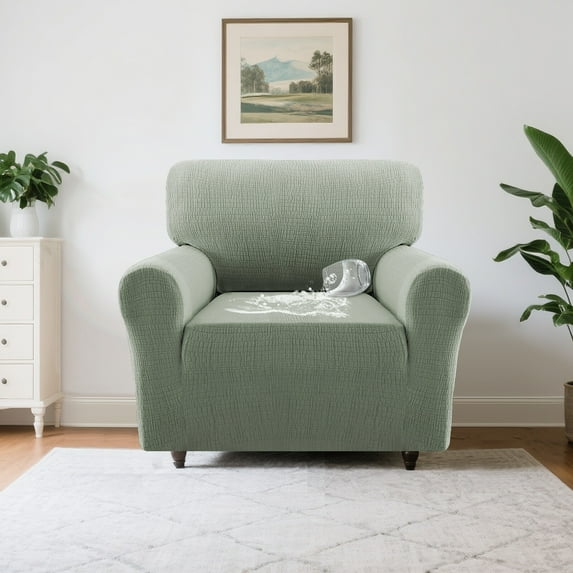 H.VERSAILTEX Premium Jacquard Stretch Sofa Cover with Waterproof Seat & Elastic Bottom Protection for Kids,Pets 1-Piece Furniture Protector Slipcover(Armchair,Sea Grass)