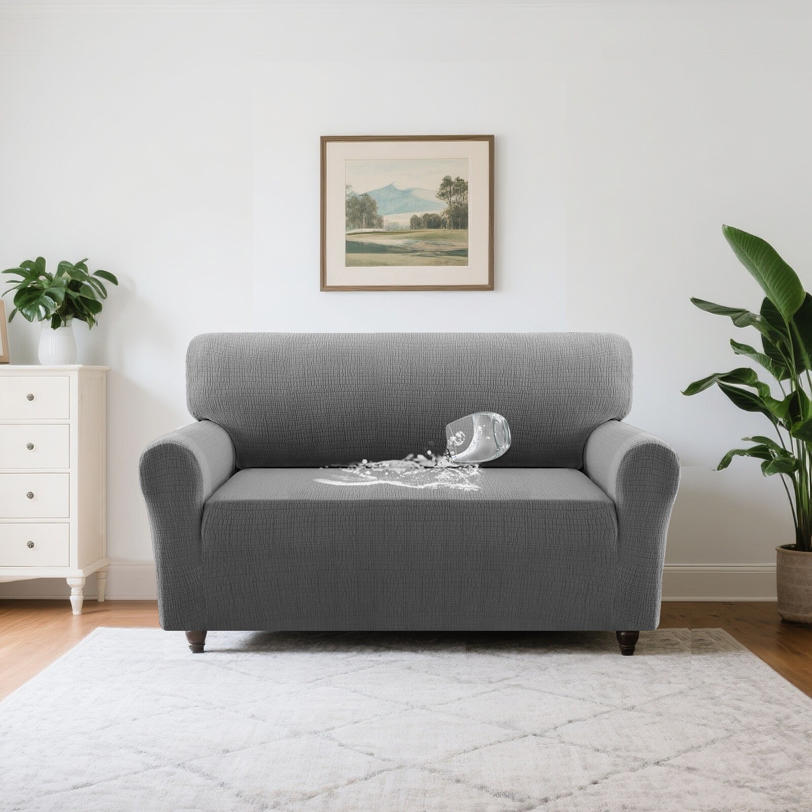 H.VERSAILTEX Premium Jacquard Stretch Sofa Cover with Waterproof Seat & Elastic Bottom Protection for Kids,Pets 1-Piece Furniture Protector Slipcover(Loveseat,Grey)