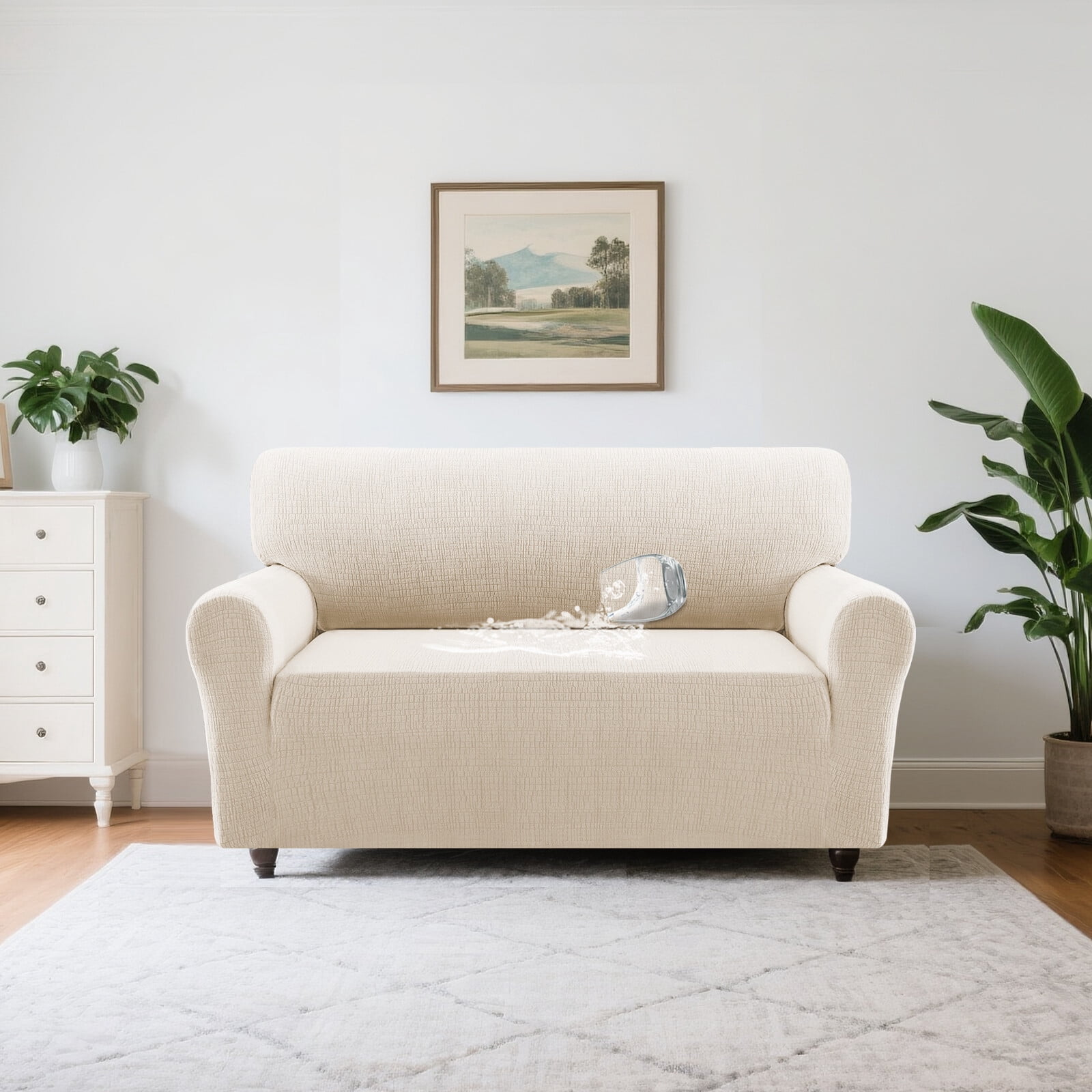 H.VERSAILTEX Premium Jacquard Stretch Sofa Cover with Waterproof Seat & Elastic Bottom Protection for Kids,Pets 1-Piece Furniture Protector Slipcover(Loveseat,Ivory)