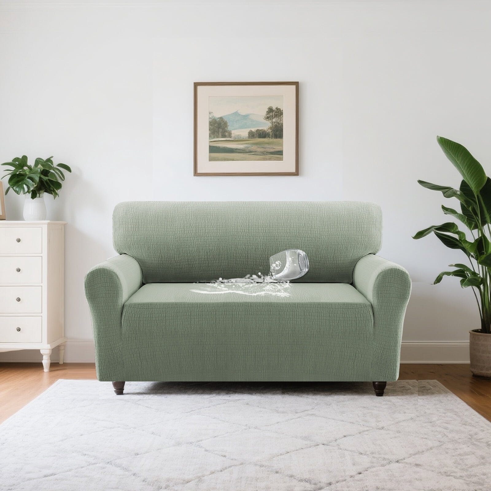 H.VERSAILTEX Premium Jacquard Stretch Sofa Cover with Waterproof Seat & Elastic Bottom Protection for Kids,Pets 1-Piece Furniture Protector Slipcover(Loveseat,Sea Grass)