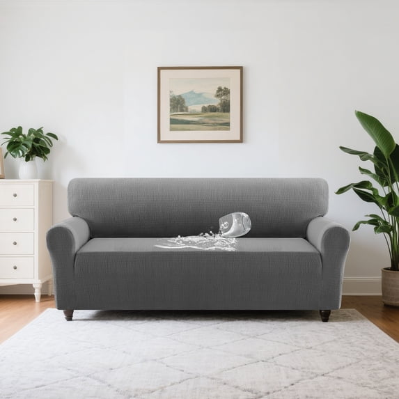 H.VERSAILTEX Premium Jacquard Stretch Sofa Cover with Waterproof Seat & Elastic Bottom Protection for Kids,Pets 1-Piece Furniture Protector Slipcover(Sofa,Grey)