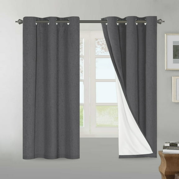 H.VERSAILTEX Short Kitchen Curtains 63 Inch Long, Total Blackout Linen Curtains, Burlap Farmhouse Curtains with White Thermal Insulated Liner (2 Panels, 42" x 63", Gray)