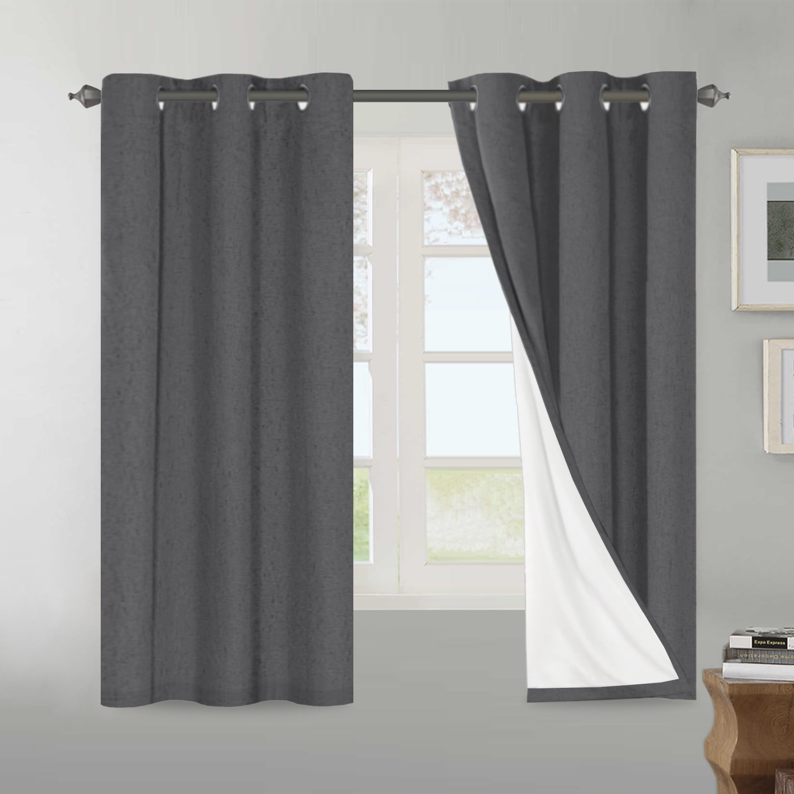H.VERSAILTEX Short Kitchen Curtains 63 Inch Long, Total Blackout Linen Curtains, Burlap Farmhouse Curtains with White Thermal Insulated Liner (2 Panels, 42" x 63", Gray)