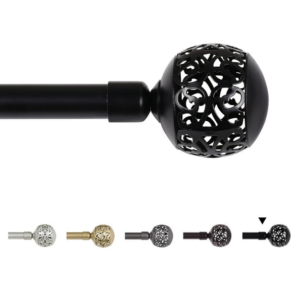 H.VERSAILTEX Single Retractable Curtain Rod for Windows 28"-48"，3/4 Inch Diameter Carved Hollow Ball Tail,Black