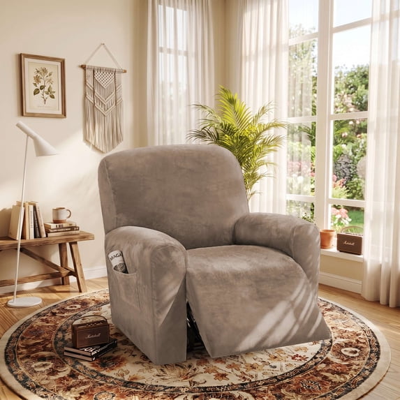 H.VERSAILTEX Split 4-Panel Velvet Recliner Chair Cover, High Stretch Non-Slip Washable Recliner Slipcover for Living Room, Camel