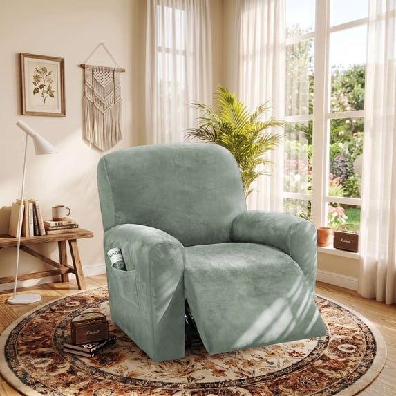 H.VERSAILTEX Split 4-Panel Velvet Recliner Chair Cover, High Stretch Non-Slip Washable Recliner Slipcover for Living Room, Sea Grass