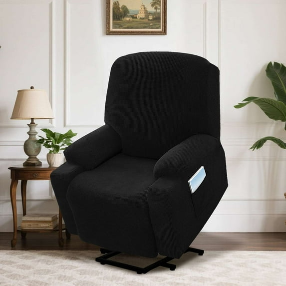 H.VERSAILTEX Stretch Electric Power Lift Recliner Chair Cover with Side Pocket, Soft Thick Jacquard(Single Seat, Black)