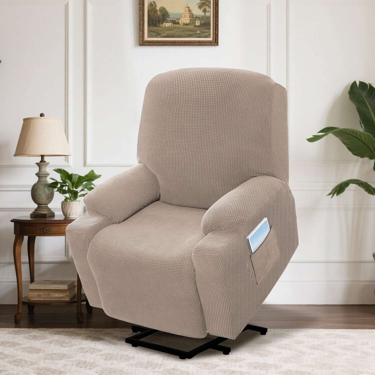 H.VERSAILTEX Stretch Electric Power Lift Recliner Chair Cover with Side Pocket, Soft Thick Jacquard(Single Seat, Sand)