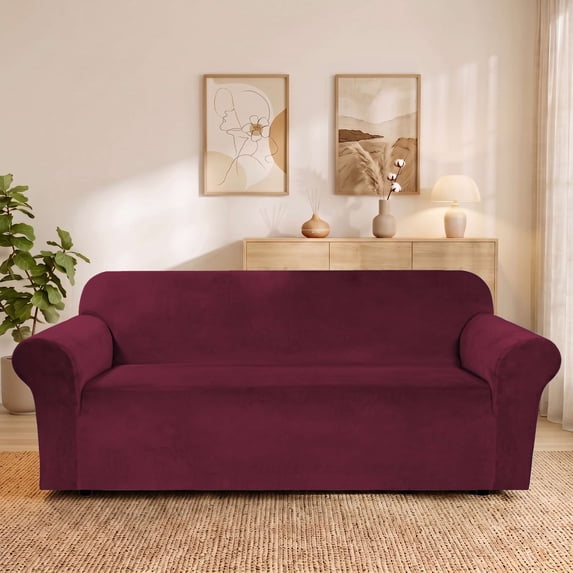 H.VERSAILTEX Thick Stretch Velvet Sofa Slipcover, One-Piece 3-Seater Non-Slip Elastic Bottom Furniture Protector for Living Room, Burgundy