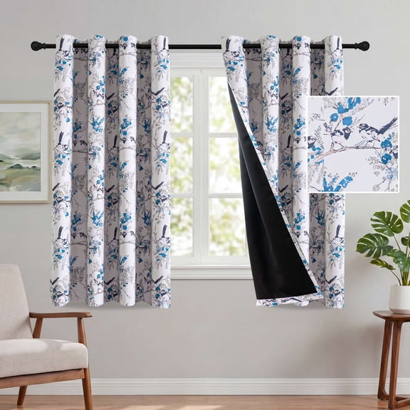 H.VERSAILTEX Vintage Floral Bird Printed Curtains, 2 Panels 100% Blackout Thermal Grommet Drapes, Privacy Window Treatment for Bedroom Living Room, 52" x 63", Blue/Black