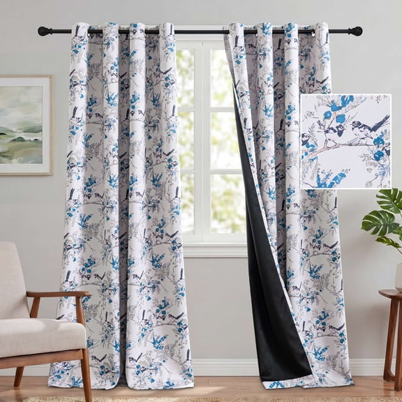 H.VERSAILTEX Vintage Floral Bird Printed Curtains, 2 Panels 100% Blackout Thermal Grommet Drapes, Privacy Window Treatment for Bedroom Living Room, 52" x 84", Blue/Black