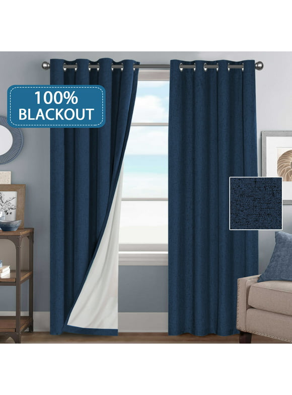 H.Versailtex 100% Blackout Grommet Linen Faux Curtains Curtains With White Backing (2 Panels Set, Navy), 52 By 84 Inch