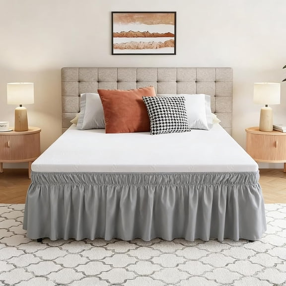 H Wrap Around Grey Twin Size Bed Skirt 14 Inch Drop, Elastic Dust Ruffle Easy to Put On, Solid Bedskirt Polyester Fabric Machine Washable Dryable and Ironable