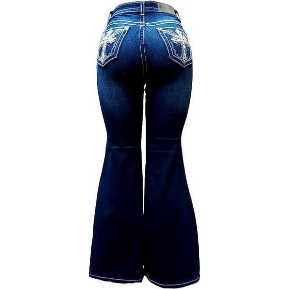 H&Y Women's 70s Trendy Sexy Rhinestone Studded Flare Fitted High Waist Bell Bottom Denim Jeans