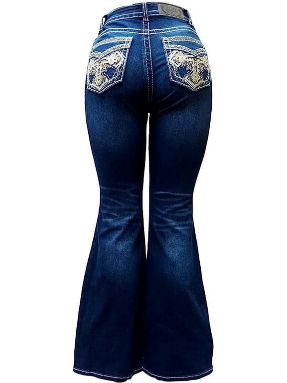 Women's 70s Trendy Sexy Rhinestone Studded Flare Fitted High Waist Bell Bottom Denim Jeans