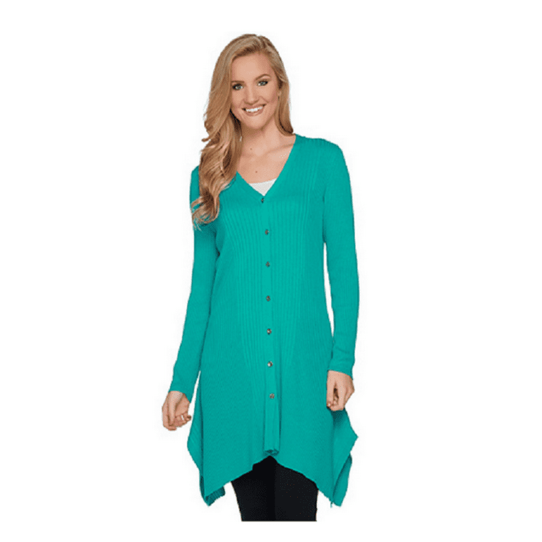 H by Halston Button Front Rib Cardigan w Handkerchief Hem Aqua Size XL 65