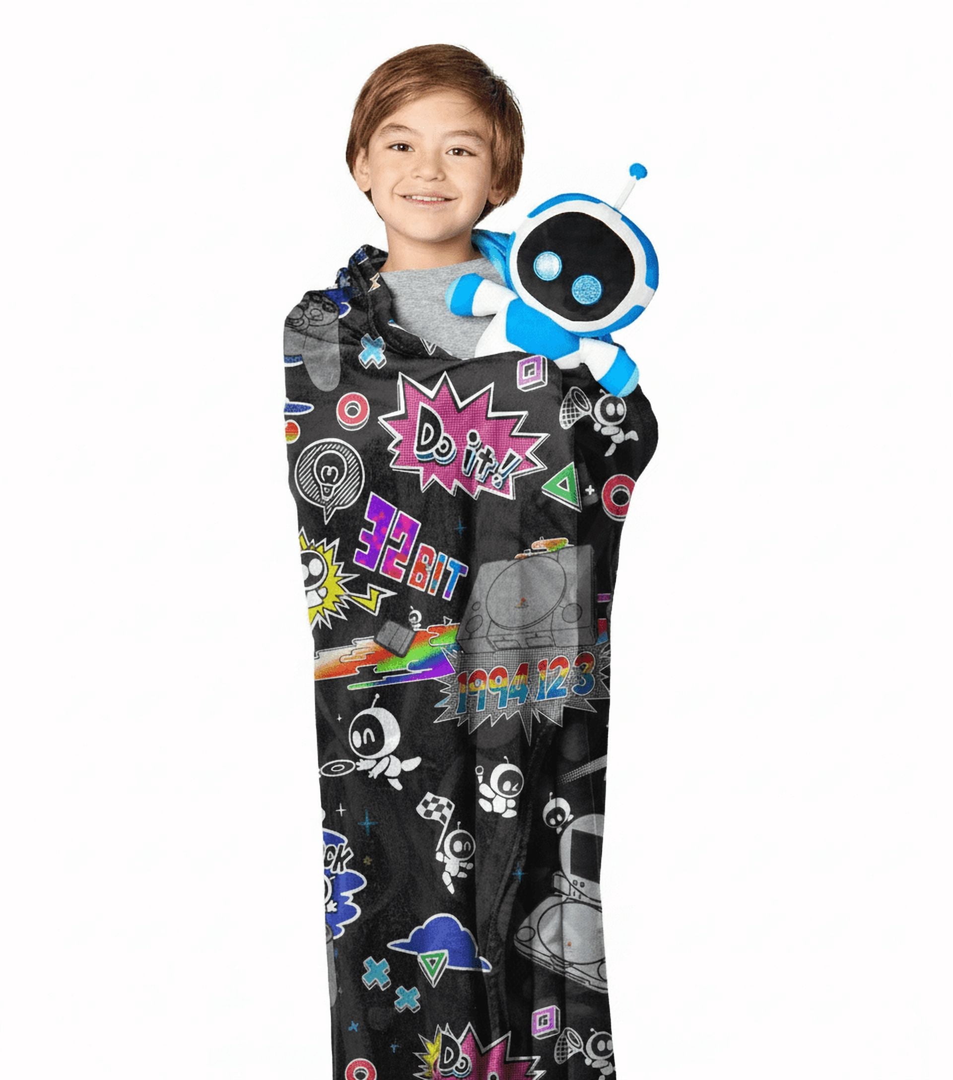 Playstation Astrobot Mural Officially Licensed Silk Touch Throw Blanket and Plush Character Hugger Set – Ultra Soft Plush Character Pillow for Kids