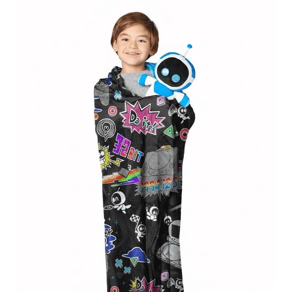 Playstation Astrobot Mural Officially Licensed Silk Touch Throw Blanket and Plush Character Hugger Set – Ultra Soft Plush Character Pillow for Kids