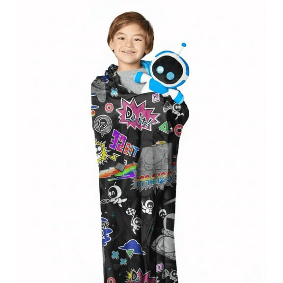 Playstation Astrobot Mural Officially Licensed Silk Touch Throw Blanket and Plush Character Hugger Set