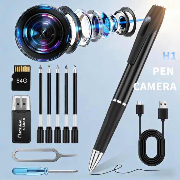 H1 1080P Mini Camera Pen with 64GB Memory Card - USB Rechargeable One-Button Operation, Security/Business/Personal Recording Tool