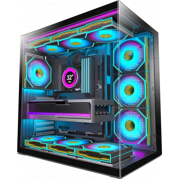 H1 PC Case, Pre-Installed 7 Infinity Mirror PWM ARGB Fans, ATX Mid Tower Computer Gaming Case with Type-C, 270 Full View Tempered Glass, 3X 360mm Radiator Support, Black