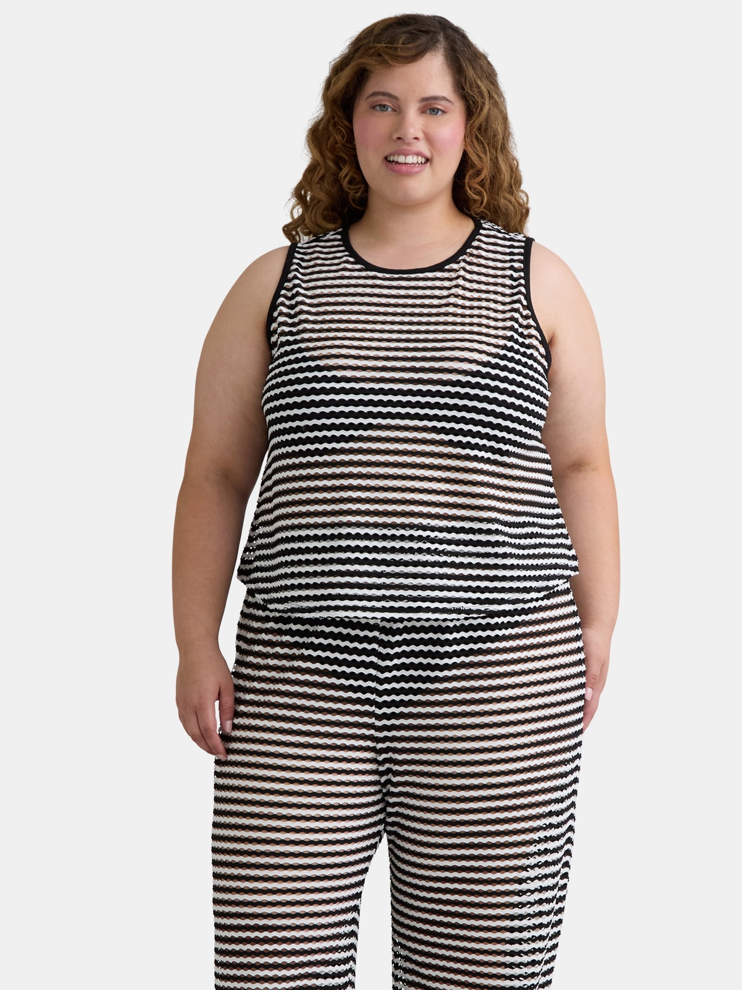 Time and Tru Women's and Women's Plus Striped Mesh Tank Coverup, Sizes XS-2X