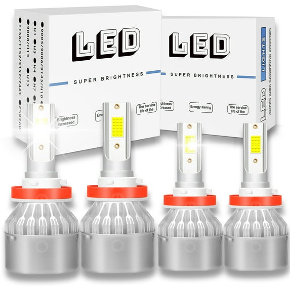 H11 H11 Combo Led Headlight Kit, 300% Brighter Super Bright 6000K Cool White LED High Low Beam headlight bulb, Pack of 4