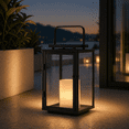 thumbnail image 1 of H12 Inch Modern Solar Outdoor Lantern with Flickering LED Candle Black Metal Lantern with Tempered Glass, Minimalist Decorative Lantern for Patio Porch Garden, 1 of 10