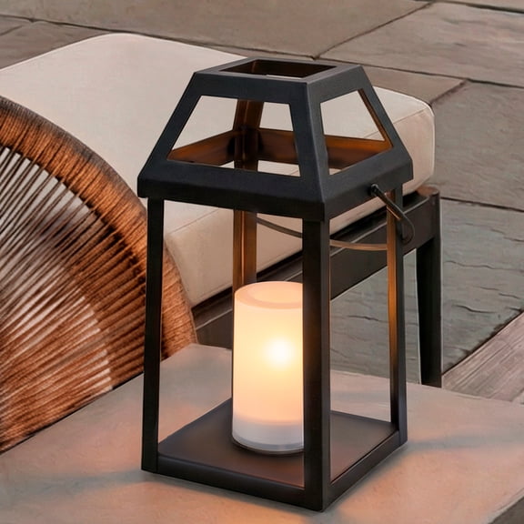 H13 Solar Outdoor Lantern with Flickering Candle Modern Metal Solar Lantern with Handle, Waterproof Patio Table & Hanging Light Auto On/Off for Garden Deck