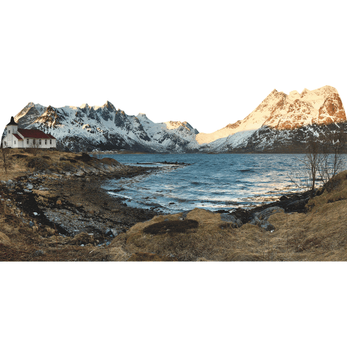 H13644 Fjord of Norway Church Mountain Lake Austnesfjorden Cardboard Cutout Standee Standup