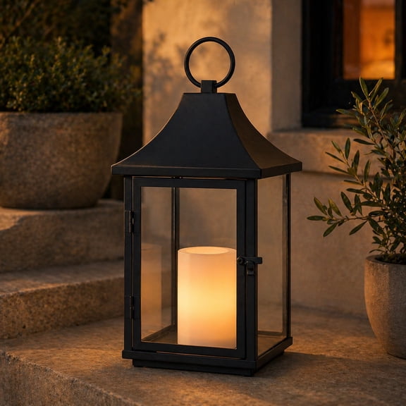 H14 Inch Outdoor Solar Lantern with Flickering LED Candle Black Metal Decorative Lantern with Tempered Glass Hanging or Table Lantern for Patio Porch Garden