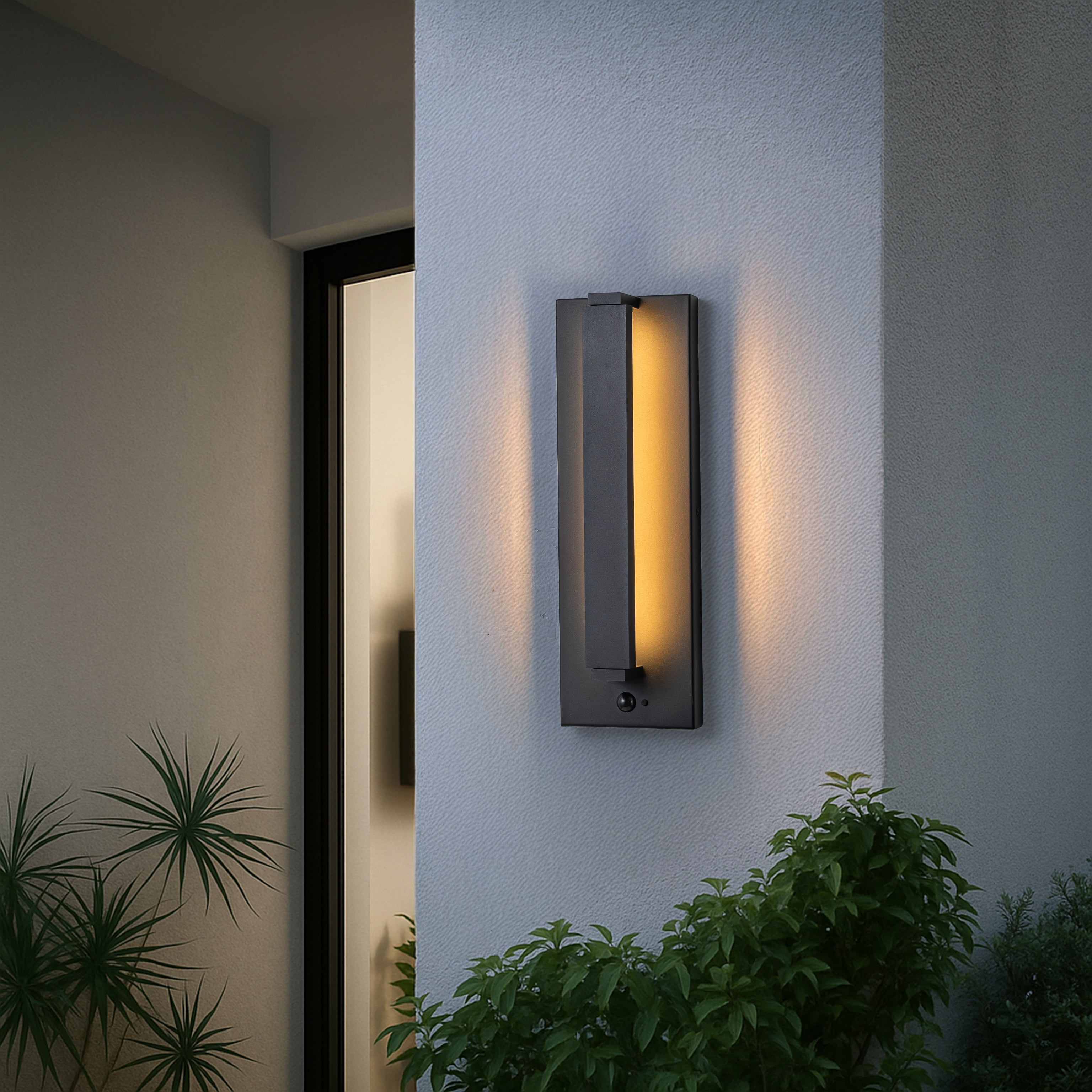 H15" Modern Motion Sensor Outdoor Wall Light 23W Integrated LED Wall Sconce Matte Black Iron Exterior Light Fixture for Porch Garage Patio
