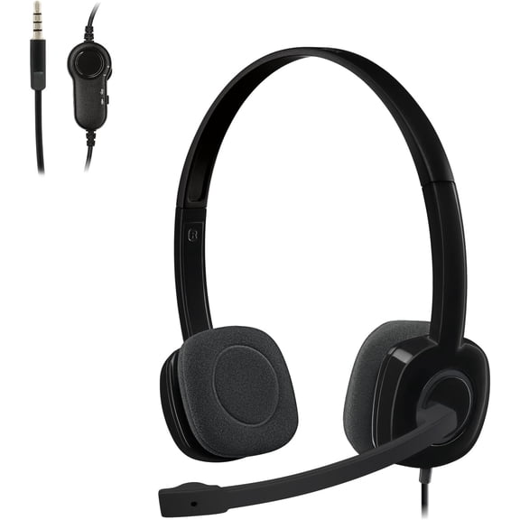 H151 Wired Headset, Analog Stereo Headphones with Rotating Noise-Cancelling Microphone, 3.5 mm Audio Jack, in-Line Controls, PC/Mac/Laptop/Tablet/Smartphone - Black