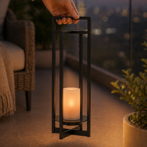 H18 Inch Modern Solar Outdoor Lantern with IP44 Weather-Resistant Flickering LED Candle Black Metal Frame Auto On/Off Dusk to Dawn Densor Waterproof Decorative Light for Patio Garden Balcony