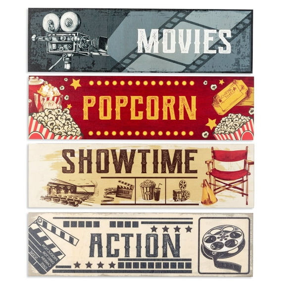 Laffact 4Piece Vintage Wood Wall Art, 11" x 3" Movie Theater Decor Sign