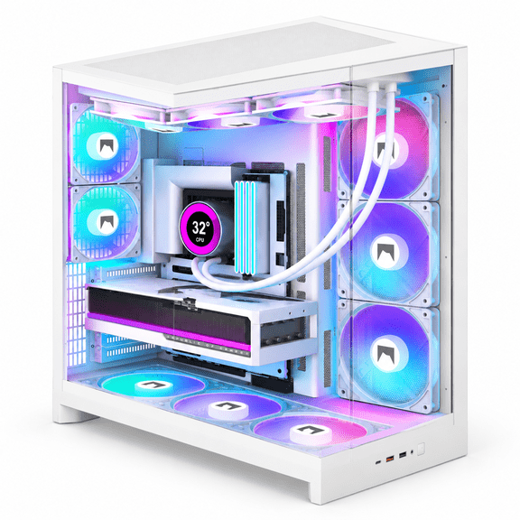 H2 2026 ATX PC Case White RGB, Dual-Chamber Gaming Computer Case with 8 ARGB PWM Fans