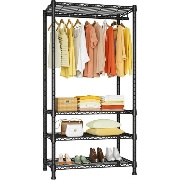 H2 Heavy Duty Clothes Rack, Freestanding 4 Tiers Garment Rack for Hanging Clothes with Shelves and Hangers, Closet Organizers and Storage Metal Closet Wardrobe System, Max Load 500 LBS, Black