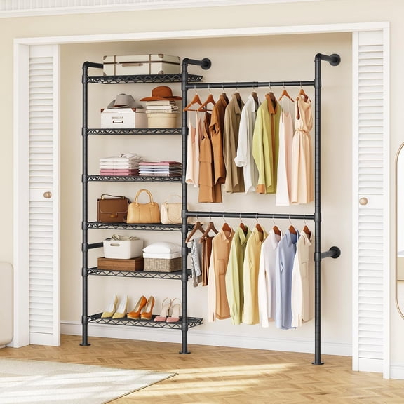 H2 Wall Mounted Clothing Rack, Expandable Industrial Pipe Clothes Rack Garment Racks for Hanging Clothes, Heavy Duty Closet Organizers and Storage in Closet System, Black