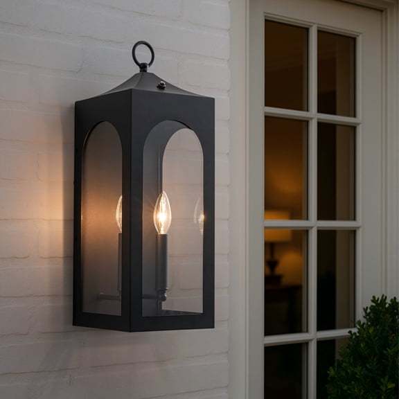 H20" 2-Lights Large Dusk to Dawn Outdoor Wall Lantern Unique/Statement Black Exterior Wall Sconce with Dual Candle Lights and Roof Top Design for Entryway Garage