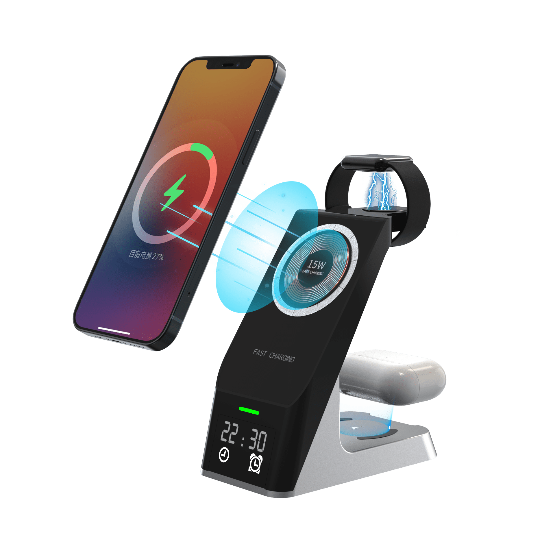 H27 6-in-1 Magnetic Wireless Charging Station with Digital Alarm Clock, 15W Transparent Fast Charger for iPhone 17 16 15 14 13 12, Apple Watch, AirPods, and Extra USB Port