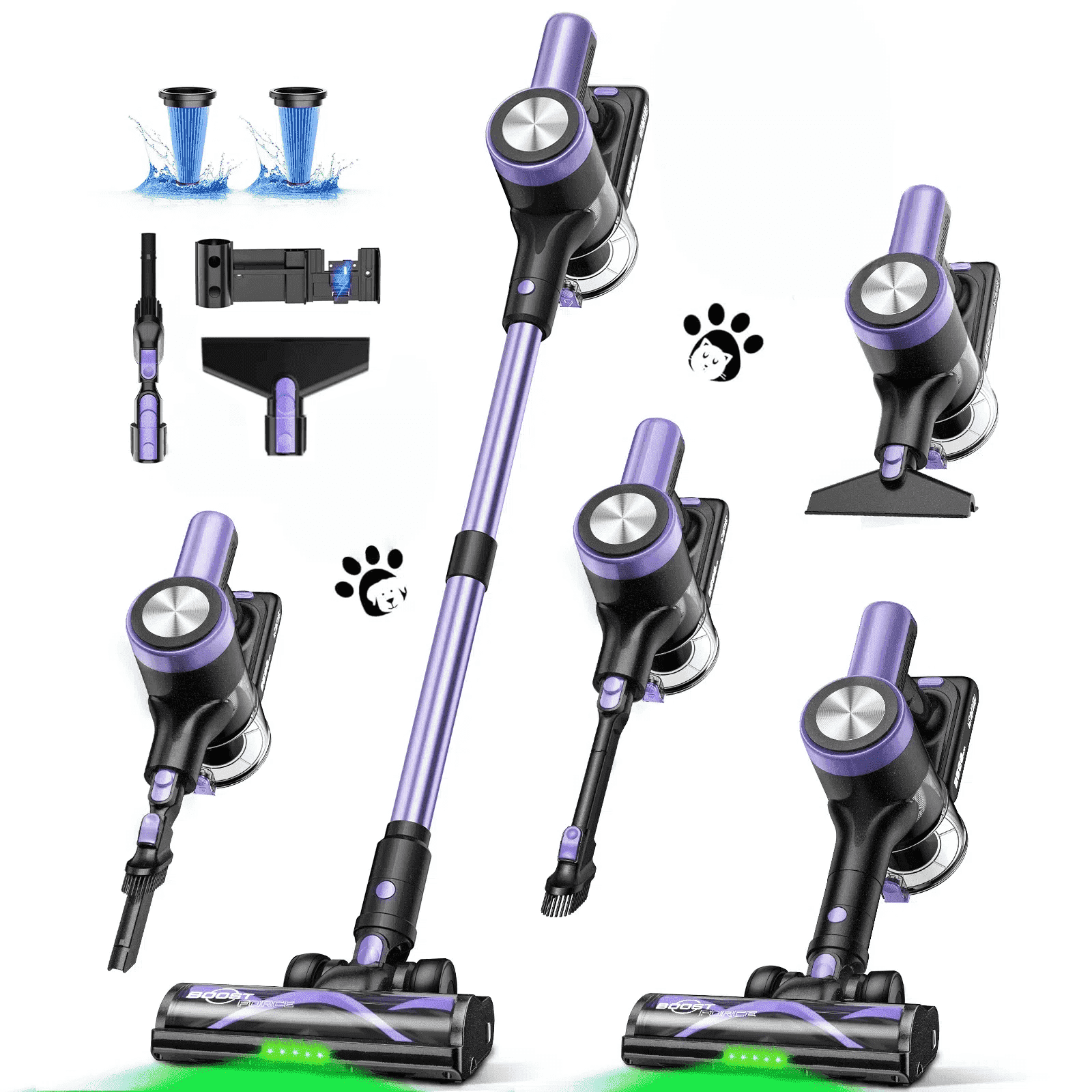 H28 Cordless Stick Vacuum Cleaner, 500W Brushless Motor, Self-Standing, Wall Charging, 55 Min Runtime, Lightweight for Hard Floors & Carpets, Purple