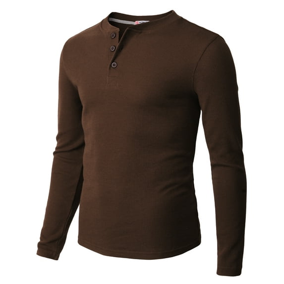 H2H Mens Casual Henley Long Sleeve Waffle Cotton T-Shirts BROWN US 3XL/Asia 4XL (CMTTL0104)