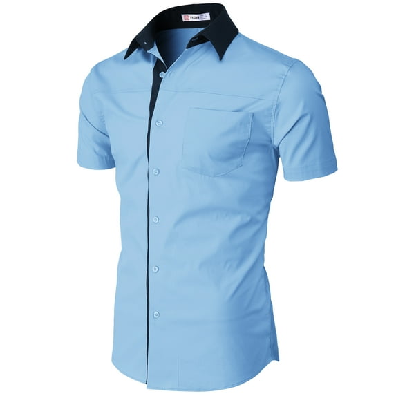 H2H Mens Casual Slim Fit Button-Down Dress Shirts Short Sleeves Solid Colors BLUE US M/Asia L (CMTSTS046)
