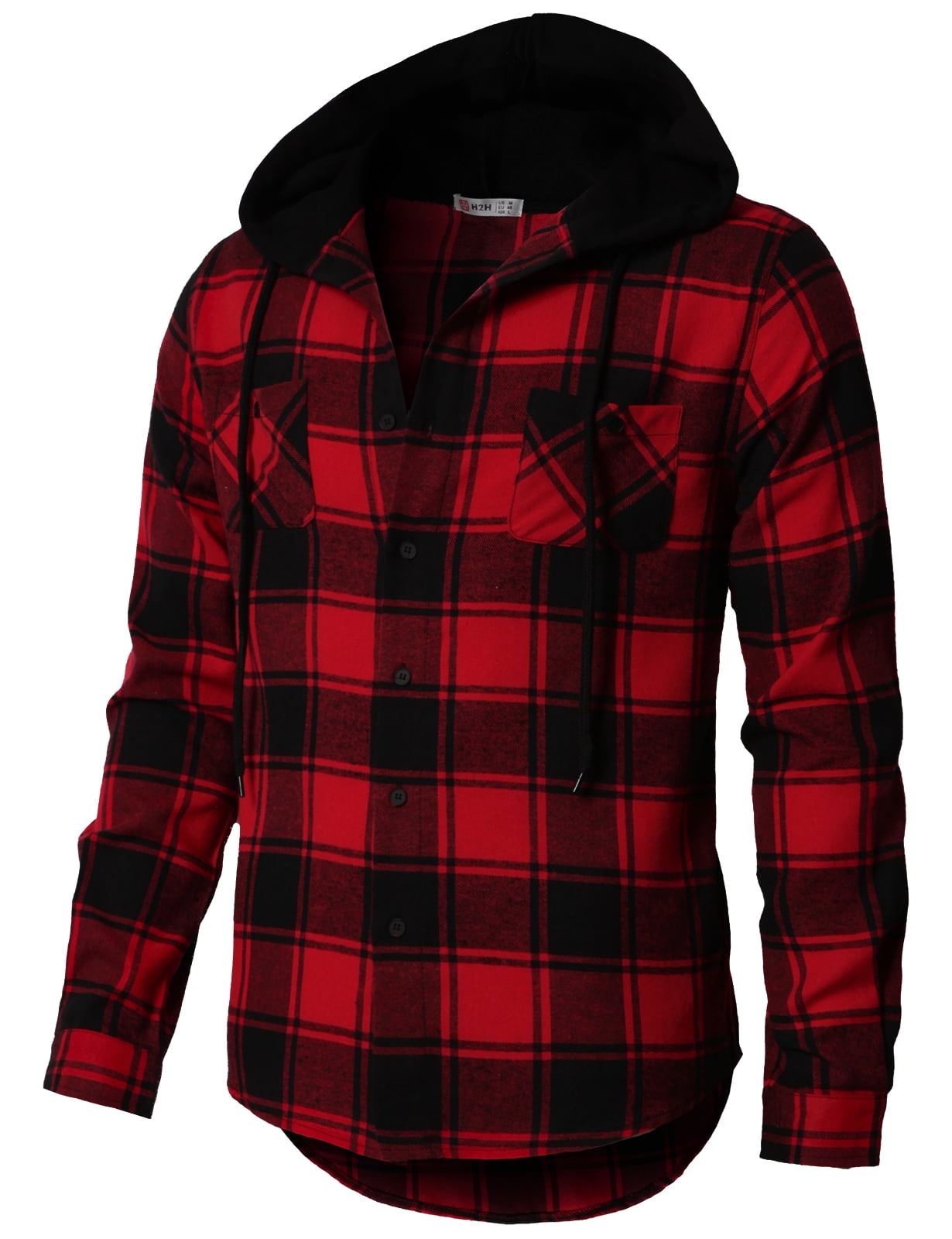 H2H Mens Casual Slim Fit Check Flannel Hoodie Shirt RED US S/Asia