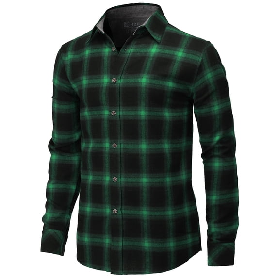 H2H Mens Casual Slim Fit Check Patterned Shirts Long Sleeve GREENBLACK US 2XL/ASIA 3XL (CMTSTL144)