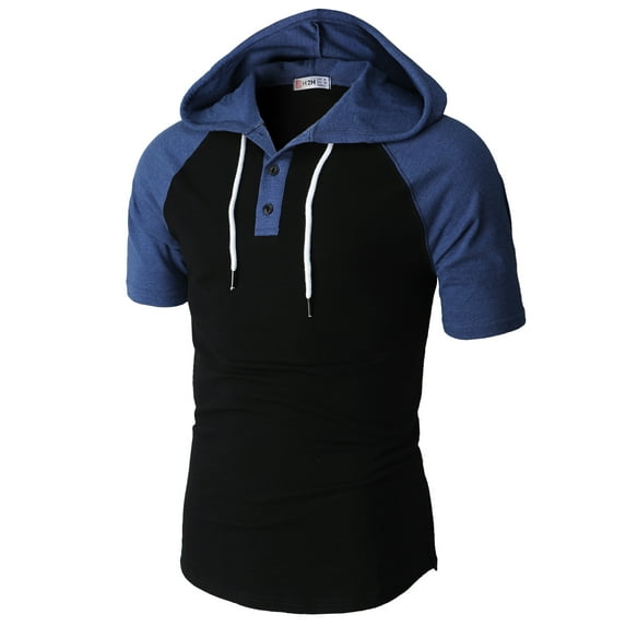 H2H Mens Casual Slim Fit Henley Hoodie Short Sleeve Lightweight T-Shirt (CMOHOS006)
