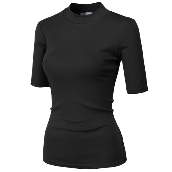 H2H Women's Mock Half Neck Short Sleeve Slim Fit Ribbed Knit Tee T-Shirts Sweaters BLACK US M/ASIA M (CWOSWS002)