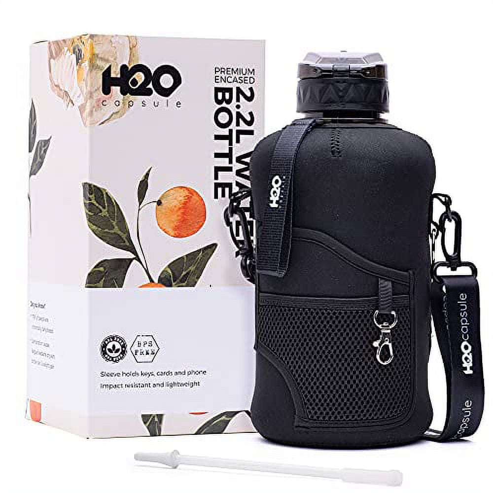 H2O Capsule 2.2L Half Gallon Water Bottle with Storage Sleeve and Removable Straw – BPA Free Large Reusable Drink Container with Handle - Big Sports